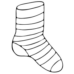 striped warm sock, freehand drawing, vector element in doodle style, coloring book, black outline