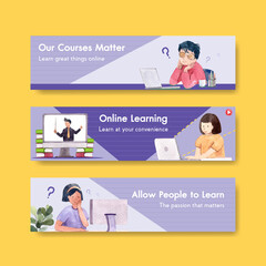 Online learning banner template design for website,brochure,leaflet and   advertise watercolor vector illustration