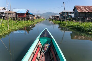 Canoe trip on Inle lake in Nyaungshwe Township of Shan State. Shan Hills in Myanmar Burma