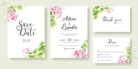 Fototapeta na wymiar Set of floral wedding Invitation card, save the date, thank you, rsvp template. Hydrangea, pink flower and greenery. watercolor style.