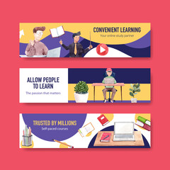 Online learning banner template design for website,brochure,leaflet and   advertise watercolor vector illustration