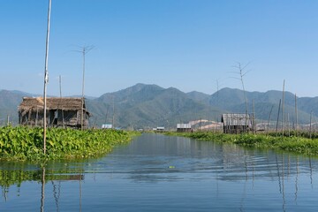 Floting field Inle lake in Nyaungshwe Township of Shan State. Shan Hills in Myanmar Burma