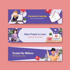 Online learning banner template design for website,brochure,leaflet and   advertise watercolor vector illustration