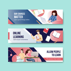 Online learning banner template design for website,brochure,leaflet and   advertise watercolor vector illustration