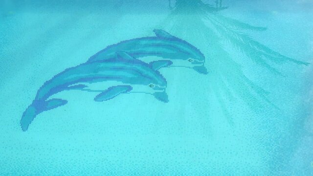Beautiful swimming pool with clear blue fresh water and picture of two jumping dolphins on bootom floor.