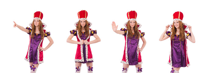 Naklejka premium Pretty young queen in purple dress isolated on white