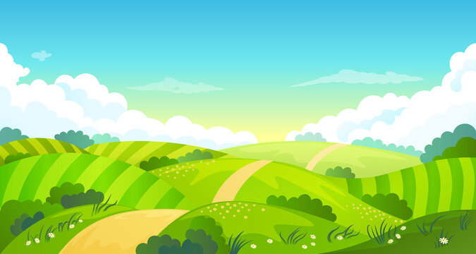 Colorful summer bright fields landscape, green grass, clear blue sky