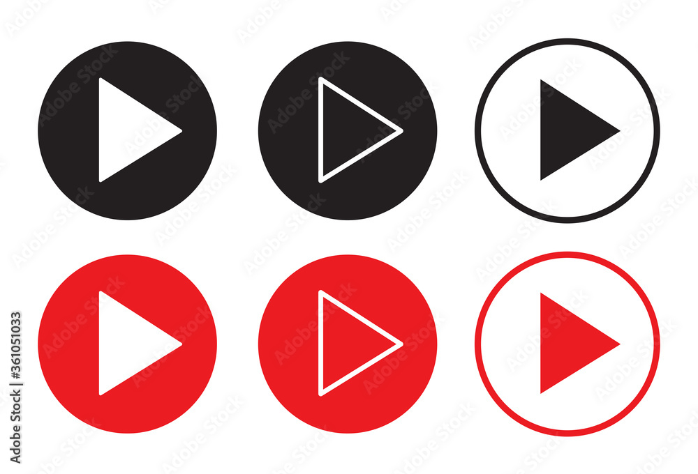 Poster red and black play button set. vector icons isolated on white background. trendy circle play button 