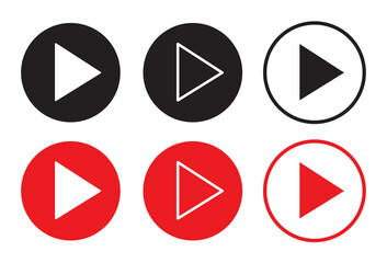 Red and black play button set. Vector icons isolated on white background. Trendy circle play button icons in flat style. For radio symbol,video player, arrow design and media logo. Vector illustration