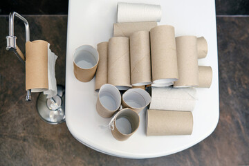 Top view of empty toilet paper rolls in a large pile