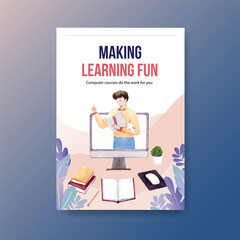 Online education poster concept design for brochure,leaflet and advertise watercolor vector illustration