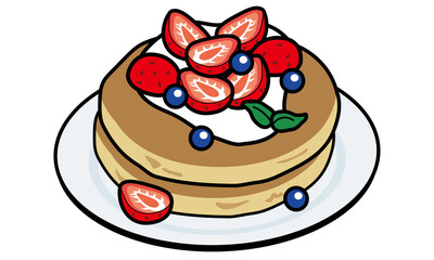 お皿に乗ったブルーベリーといちごのパンケーキ