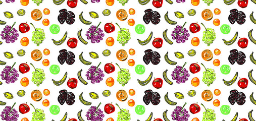 Bright pattern of fruits on a transparent, black or color background. Apples, bananas, grapes, pomegranates, lemons, oranges, citruses. Can be placed on any background, transform.Vegan. Vegetarianism.