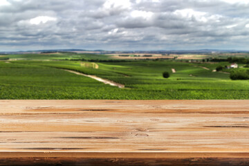 Retro wooden table on a natural countryside background for display or montage your products.