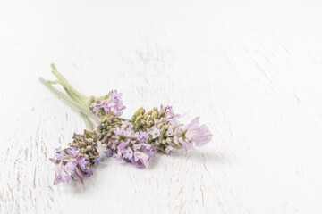 lavender flower on a wooden table with copy space