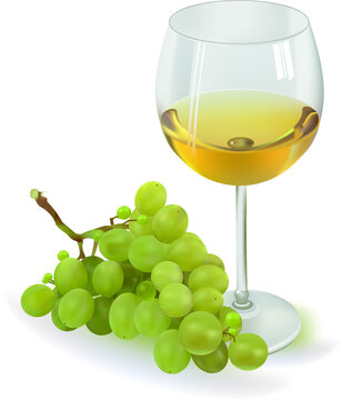 glass of white wine with a branch of white grapes on a white background