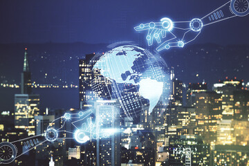 Abstract virtual robotics technology hologram with globe on San Francisco cityscape background, artificial intelligence and machine learning concept. Multi exposure
