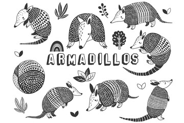 Cute Little Armadillos Doodle Collections Set