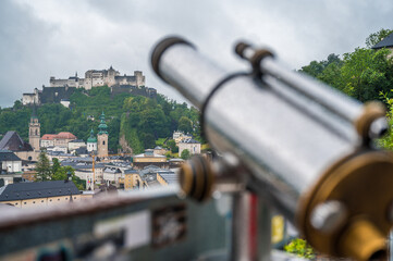 View over Salzburg city panorama on a rainy day