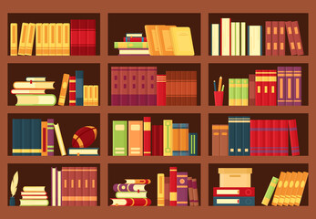 Vector illustration of wooden bookshelves with books, pencils, pile textbooks, magazines in flat style. Bookcase for bookstore background,  wallpaper, library, school education, infographic template.