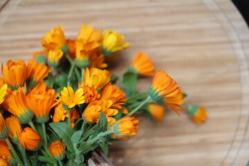 Marigold flower on the wooden table. Summertime on the village