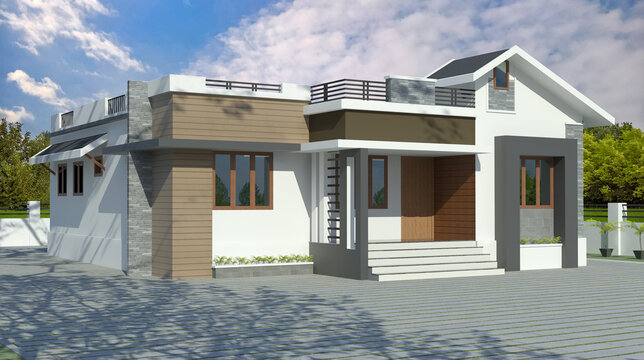 contemporary elevation of single floor house