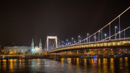 Fototapeta na wymiar Elisabeth Bridge across river Danube with night lighting, Budapest.
