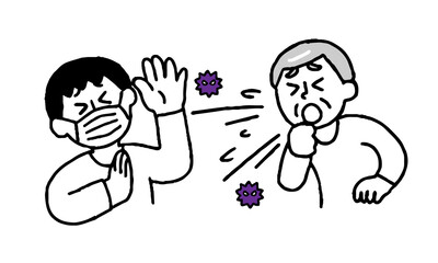 咳するシニア男性と嫌がるマスク私服男性（シンプル）