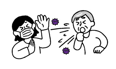 ウイルス咳するシニア男性と嫌がるマスク私服女性（シンプル）