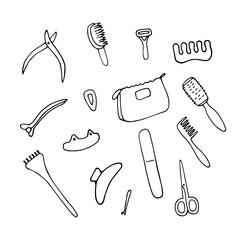 Beauty salon accessories and equipment. Woman accessory icon set. Objects for skin, hair, nail care. Hand drawn linear vector illustration