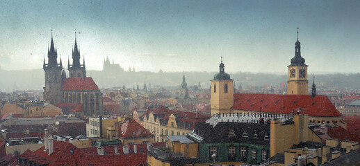 Obraz premium Old town of Prague under snow storm. Panorama
