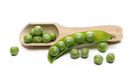 Green peas with opened pod and wooden spoon isolated on white background