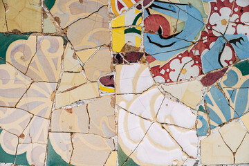Close-up Mosaic Antonio Gaudi in the Park Guell, Barcelona