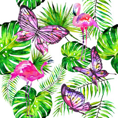 palm leaves pattern, watercolor on a white