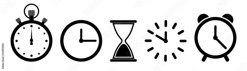 Poster time on clock. icons timer. hour in sand watch. hourglass, alarm and stopwatch in line style. date i