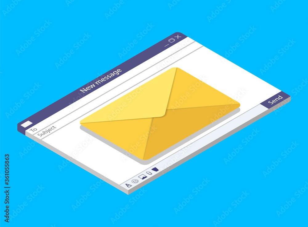 Poster email isometric window. send mail in browser. template message with interface. 3d newsletter for mar