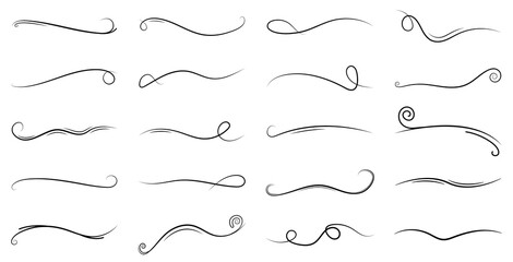 Swirl line. Elements of calligraphy. Vintage ornament with dividers and swashes. Ornate decorative set of doodles for wedding frame. Curly swish for design. Border for text, scroll and banner. Vector - obrazy, fototapety, plakaty