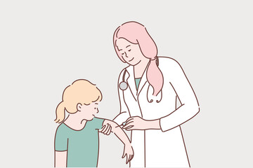 Healthcare, vaccination, medicine, coronavirus, infection concept. Young woman doctor injecting vaccine shot to child kid girl from covid19 desease. Nursing and flu preventive measures illustration.