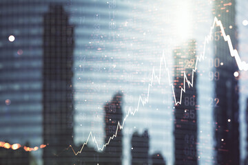 Double exposure of abstract financial graph with world map on office buildings background, forex and investment concept