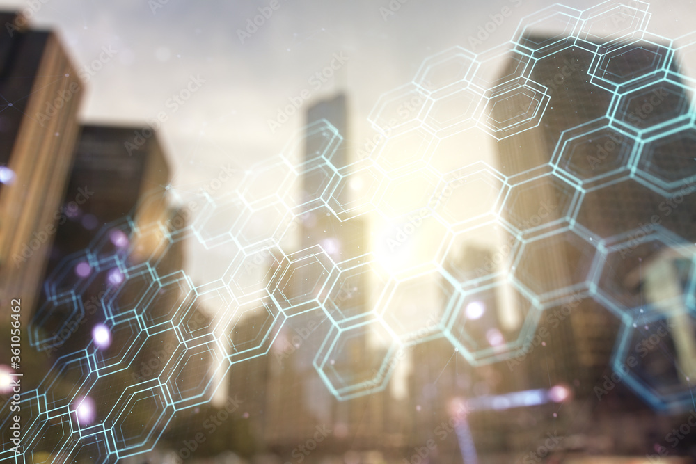 Poster abstract virtual wireless technology hologram with hexagon on modern architecture background, artifi