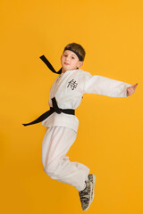 Fototapeta na wymiar Little boy as a karate fighter. Funny faces.