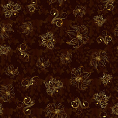 Dark brown abstract background, with golden flowers, modern background for your design.