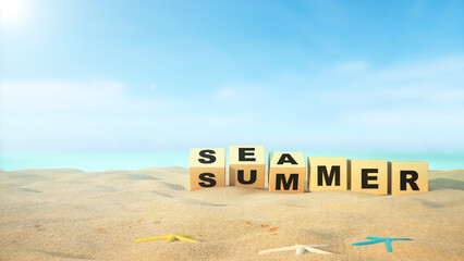 summer text on the beach with sea background.3d rendering.sea concept