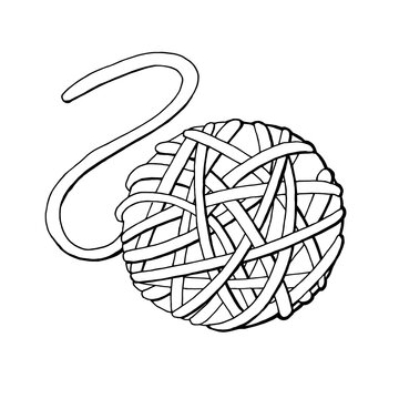 Drawn ball of thread. Graphic black and white vector image. Idea for logo, badge, print, social networks, site. Isolated on a white background.