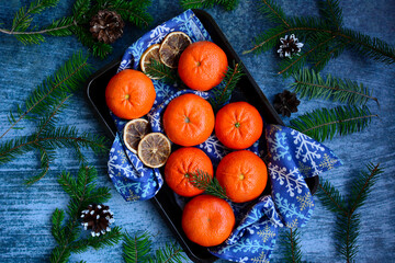 Fototapeta na wymiar Orange juicy ripe tangerines and spruce branches on a blue background.
