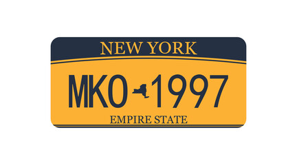 Car plate numbers Ney York. American yellow vehicle licence. Isolated vector