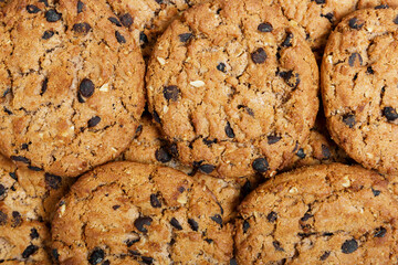 background texture of appetizing round cookies with pieces of chocolate. concept of junk food and diet.