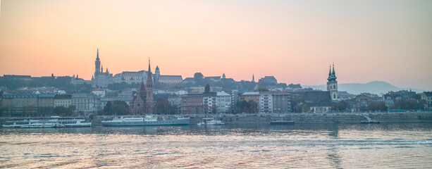 Panoramic view of historical bank of Danube river in Budapest, Hungary.