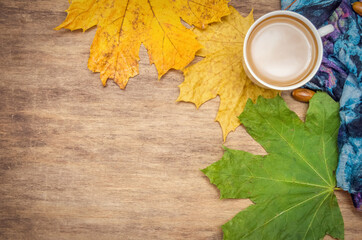 Autumn mood. White cup of coffee and yellow maple leaves, blue scarf. top view