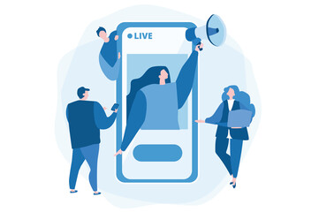 Live streaming event Vector illustration for web banner, infographics, mobile. Woman in smartphone.